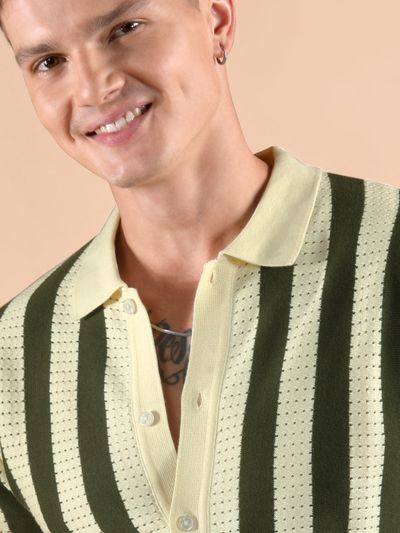 Olive Green Striped Flat Knit Shirt